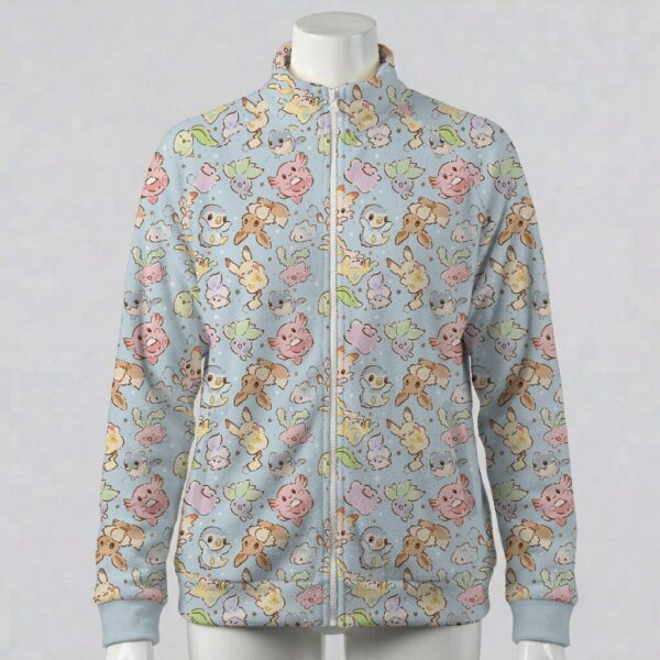 Pastel blue full zip fleece coat with all-over Pokemon print including Eevee and Pikachu