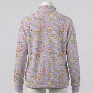 Pastel purple full zip fleece coat with all-over Pokemon print including Eevee and Pikachu
