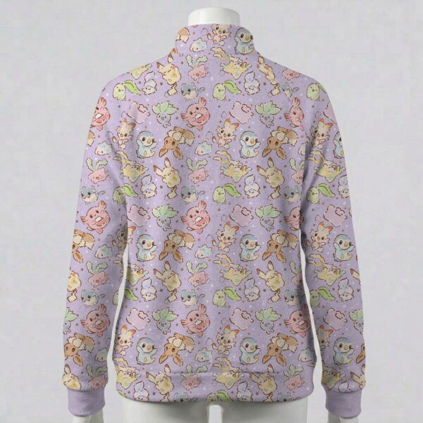 pastelpokemix-lavender-fleecejacket-bk Pastel purple full zip fleece coat with all-over Pokemon print including Eevee and Pikachu