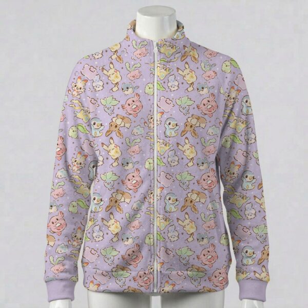 pastelpokemix-lavender-fleecejacket-fr Pastel purple full zip fleece coat with all-over Pokemon print including Eevee and Pikachu