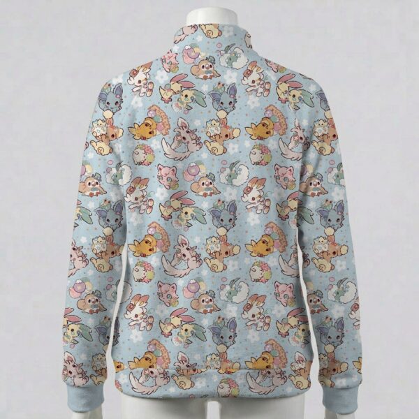 pokeblue-fleecejacket-bk Pastel blue full zip fleece coat with all-over Pokemon print including Eevee and Pikachu