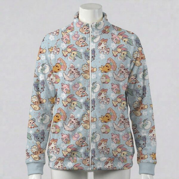 pokeblue-fleecejacket-fr Pastel blue full zip fleece coat with all-over Pokemon print including Eevee and Pikachu