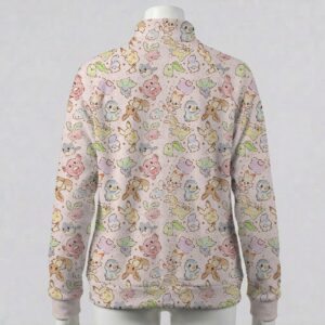 Pastel pink full zip fleece coat with all-over Pokemon print including Eevee and Pikachu
