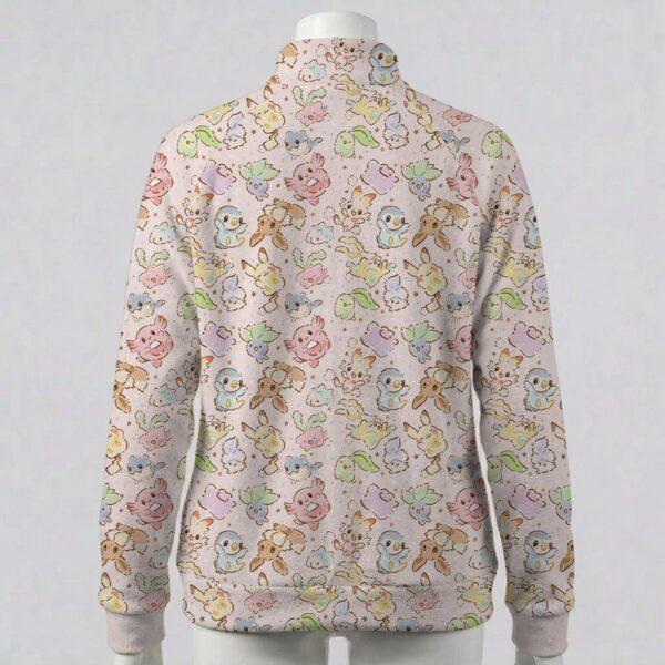 pokepink-fleecejacket-bk Pastel pink full zip fleece coat with all-over Pokemon print including Eevee and Pikachu