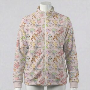 pokepink-fleecejacket-fr Pastel pink full zip fleece coat with all-over Pokemon print including Eevee and Pikachu