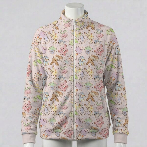 pokepink-fleecejacket-fr Pastel pink full zip fleece coat with all-over Pokemon print including Eevee and Pikachu