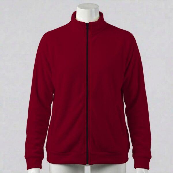 redhotlipstick-fleecejacket-fr deep red unisex full zip fleece coat with high collar and side pockets