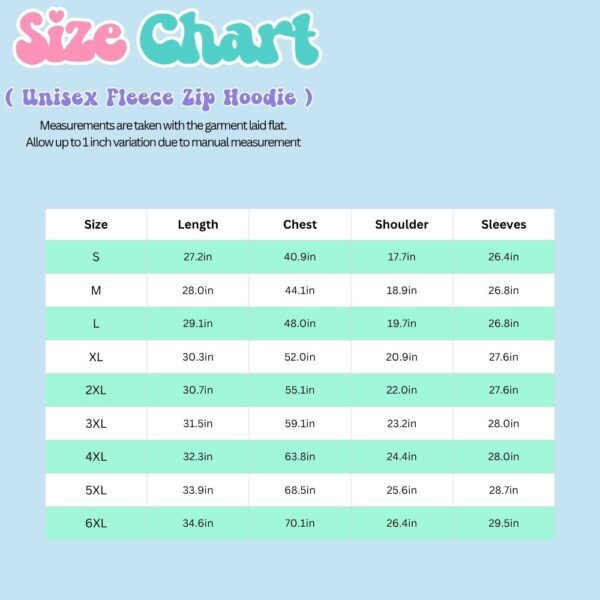 unisex fleece zip hoodie size chart