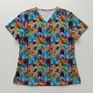 Funny Princess Faces V-Neck Scrub Top XS-4XL