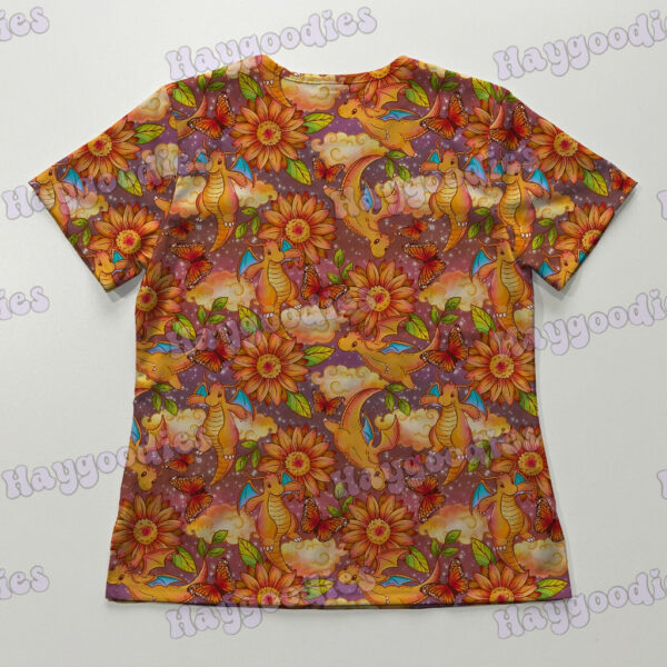 scrubs-bk-dragonite Dragonite Pokemon with Sunflowers V-Neck Scrub Top – Bright Floral Anime Uniform XS–4XL
