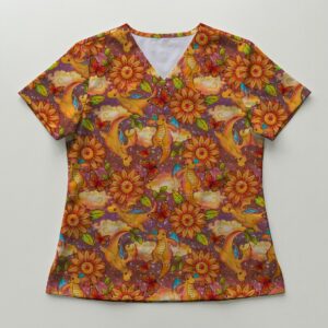 Dragonite Pokemon with Sunflowers V-Neck Scrub Top – Bright Floral Anime Uniform XS–4XL