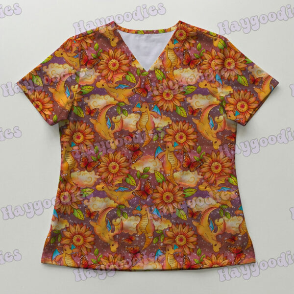 scrubs-fr-dragonite Dragonite Pokemon with Sunflowers V-Neck Scrub Top – Bright Floral Anime Uniform XS–4XL